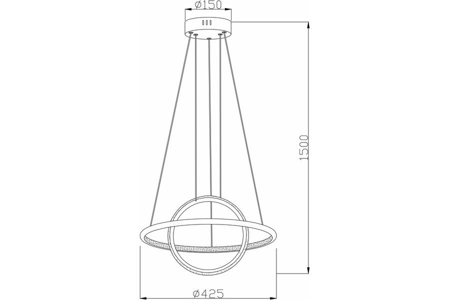 Lampa wisząca LED Gravity 36W w kolorze czarnym, o kształcie okrągłym z dwoma pierścieniami. Wymiary: średnica 425 mm, wysokość 1500 mm. Zawieszona na trzech linkach, idealna do nowoczesnych wnętrz.