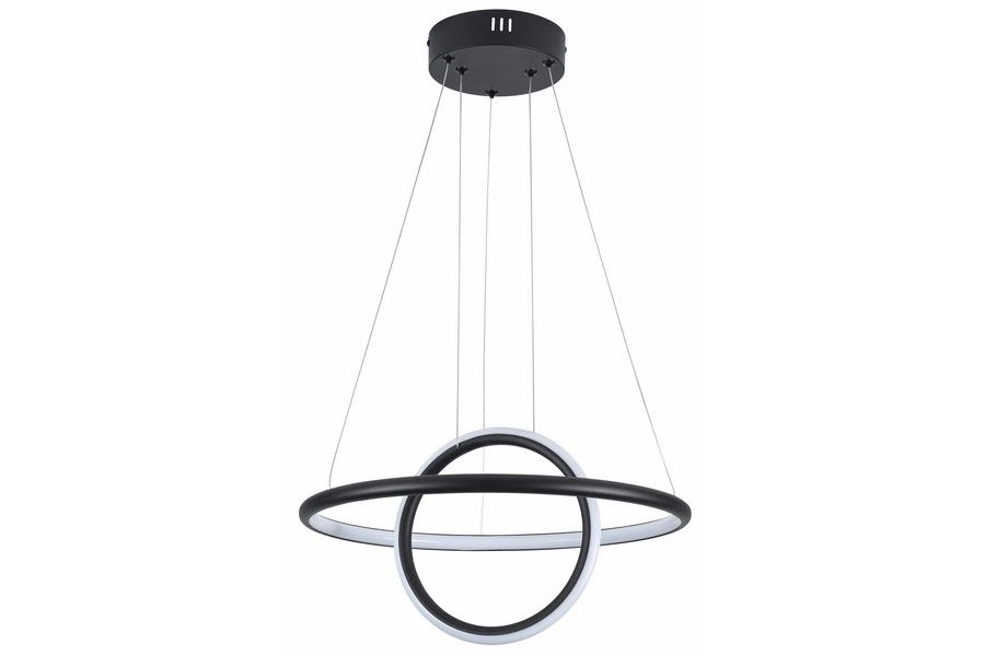 Lampa wisząca LED Gravity 36W, kolor czarny, z unikalnym designem w kształcie dwóch koncentrycznych pierścieni. Montowana na cienkich linkach, w neutralnej temperaturze barwowej 4000K. Idealna do nowoczesnych wnętrz.