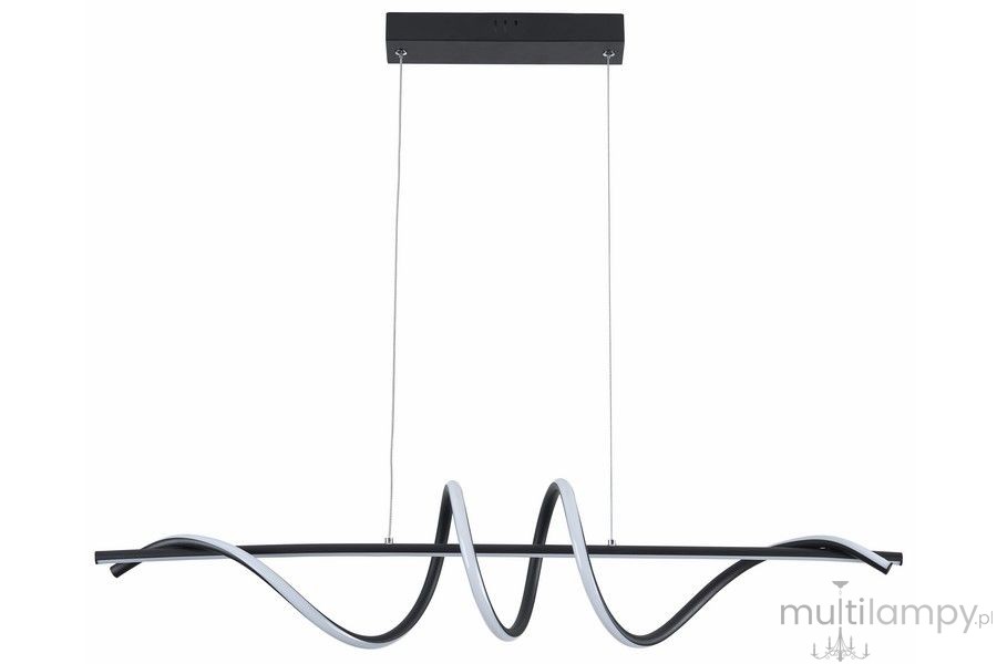 Lampa wisząca LED Serpent 34W w kolorze czarnym, o falistym kształcie, zawieszona na cienkich linkach. Posiada minimalistyczny design z elementami białymi. Montaż sufitowy, idealna do nowoczesnych wnętrz.