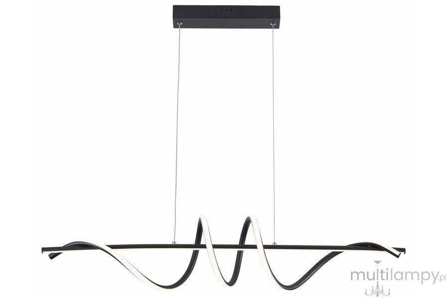 Lampa wisząca LED Serpent 34W CCT, czarna, o nowoczesnym, falistym kształcie. Montowana pod sufitem, z cienkimi linkami. Wysokiej jakości materiał, z wykończeniem w matowym czarnym kolorze oraz białymi akcentami świetlnymi.