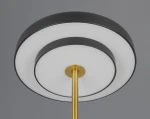 Lampa stołowa Keaton w kolorze czarnym i złotym, z okrągłym kloszem z białego materiału, z metalowym stelażem. Widok od dołu, ukazujący detale konstrukcji oraz elegancki design. Umożliwia zastosowanie żarówki LED 12W CCT.