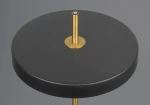 Lampa stołowa Keaton z czarnym, okrągłym stelażem i złotym metalowym detalem. Widok z góry na okrągłą podstawę oraz prostą, złotą nogę. Produkt przeznaczony do montażu z 1xLED 12W. Tło jednolite szare.