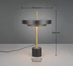 Lampa stołowa Keaton w kolorze czarnym i złotym, z wbudowanym źródłem LED 12W. Okrągła podstawa o średnicy 100 mm, wysokość 455 mm, klosz o średnicy 300 mm. Prosty design, minimalistyczny styl, idealna do nowoczesnych wnętrz.