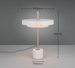 Lampa stołowa Keaton z jedną diodą LED 12W, szara. Okrągły klosz o średnicy 300 mm, metalowa podstawa z białym wykończeniem. Wysokość lampy wynosi 455 mm, średnica podstawy 100 mm. Kabel zasilający widoczny obok.