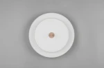 Lampa sufitowa Keaton 1xLED 34,5W w odcieniach szaro-białych. Okrągła forma z centralnym, złotym przyciskiem. Widok z góry na gładką powierzchnię i delikatne detale. Produkt zamontowany na jednolitym tle.