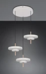 Lampa wisząca Keaton 3xLED 30W CCT w kolorze szarym, z trzema okrągłymi abażurami w białym kolorze i miedzianymi detalami, zawieszona na czarnych linkach. Ujęcie frontalne, na jednolitym tle, podkreślające nowoczesny design.