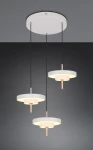 Lampa wisząca Keaton z trzema okrągłymi źródłami światła LED o mocy 30W, w kolorze szarym. Wyposażona w czarne zawieszenia oraz białą, okrągłą podstawę sufitową. Produkt w ujęciu frontalnym, zawieszony w przestrzeni na jednolitym tle.