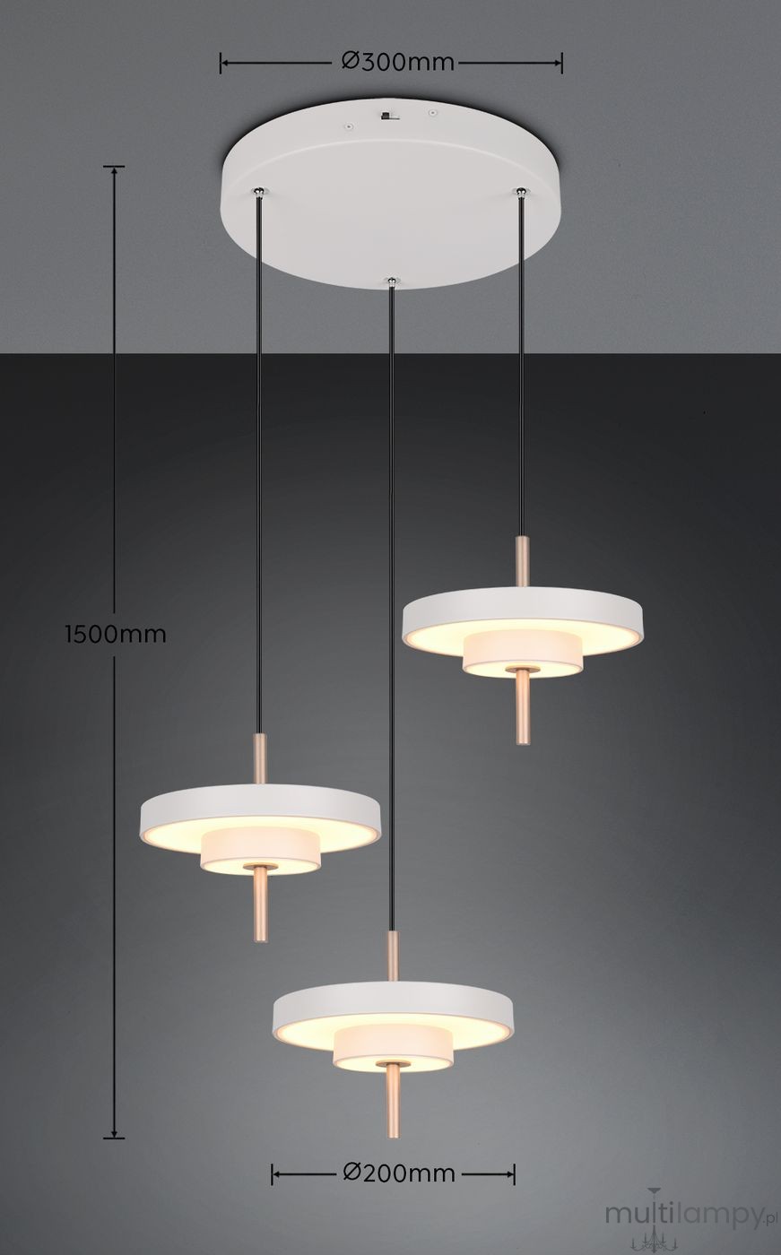 Lampa wisząca Keaton z trzema źródłami LED 30W, w kolorze szarym. Okrągła podsufitka o średnicy 300 mm, trzy zwisające klosze o średnicy 200 mm, zawieszone na czarnych przewodach, wysokość 1500 mm.