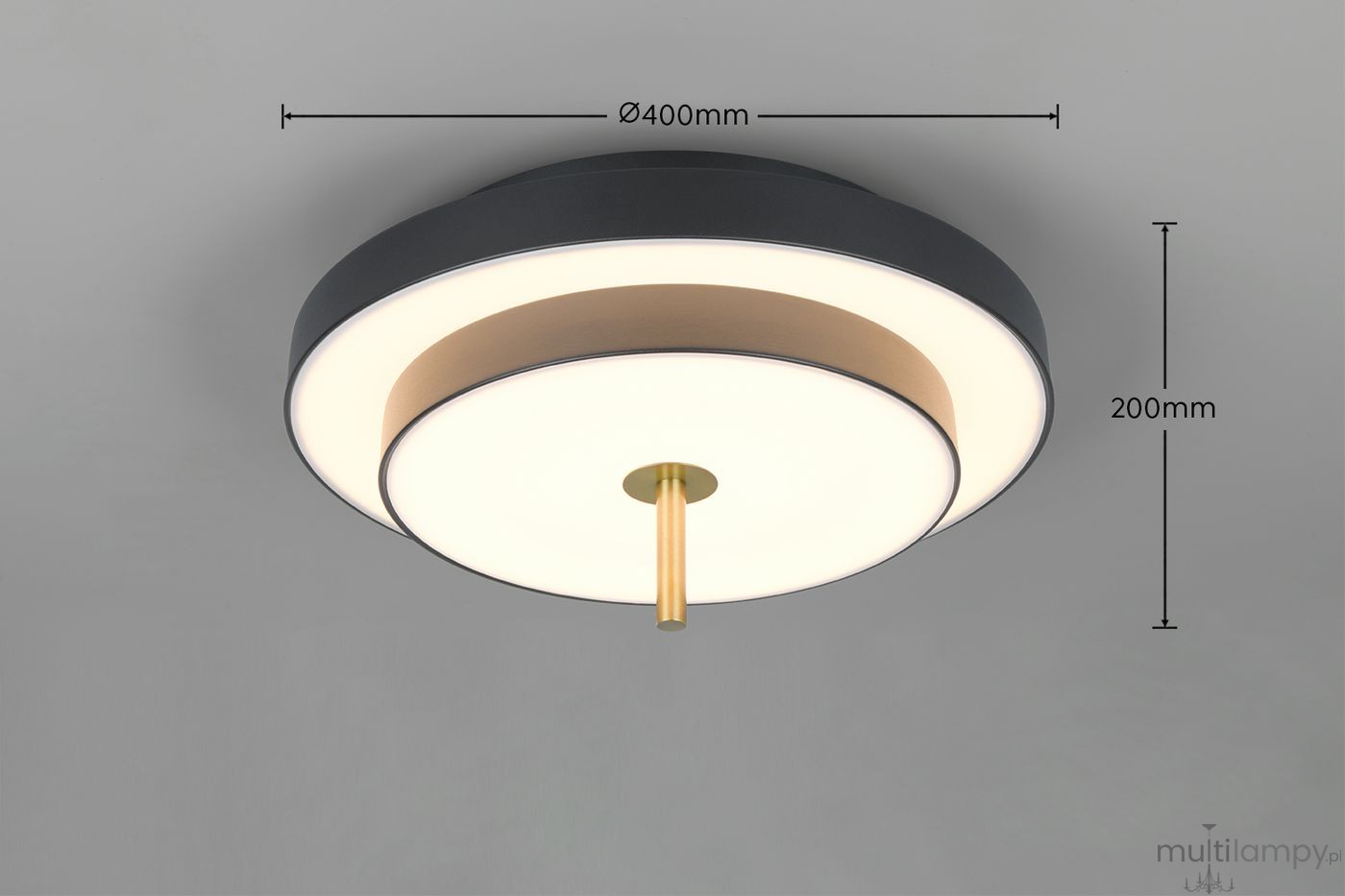 Lampa sufitowa Keaton 1xLED 34,5W CCT w kolorze czarnym i złotym. Okrągła konstrukcja o średnicy 400 mm i wysokości 200 mm, z centralnym elementem w złotym kolorze. Delikatne podświetlenie LED, nowoczesny design.