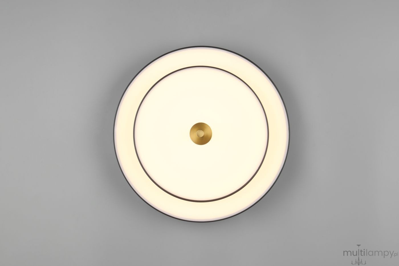 Lampa sufitowa Keaton 1xLED 34,5W CCT w kolorze czarnym i złotym, okrągła, z białym kloszem. Widok z góry, z centralnym złotym detalem. Idealna do nowoczesnych wnętrz. Tło w odcieniu szarości.