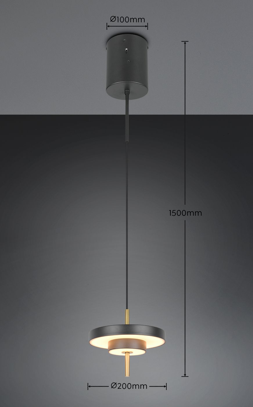Lampa wisząca Keaton w kolorze czarnym i złotym, z jednym źródłem LED 10W. Posiada okrągły klosz o średnicy 200 mm, zawieszona na czarnym przewodzie o długości 1500 mm. Montaż sufitowy, minimalistyczny design, idealna do nowoczesnych wnętrz.