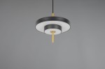 Lampa wisząca Keaton w kolorze czarnym i złotym, z okrągłym kloszem i centralnym elementem w kształcie cylindra. Wykonana z metalu i tworzywa sztucznego, z źródłem światła LED 10W. Ujęcie frontalne, zawieszona na czarnym przewodzie, na jednolitym tle.