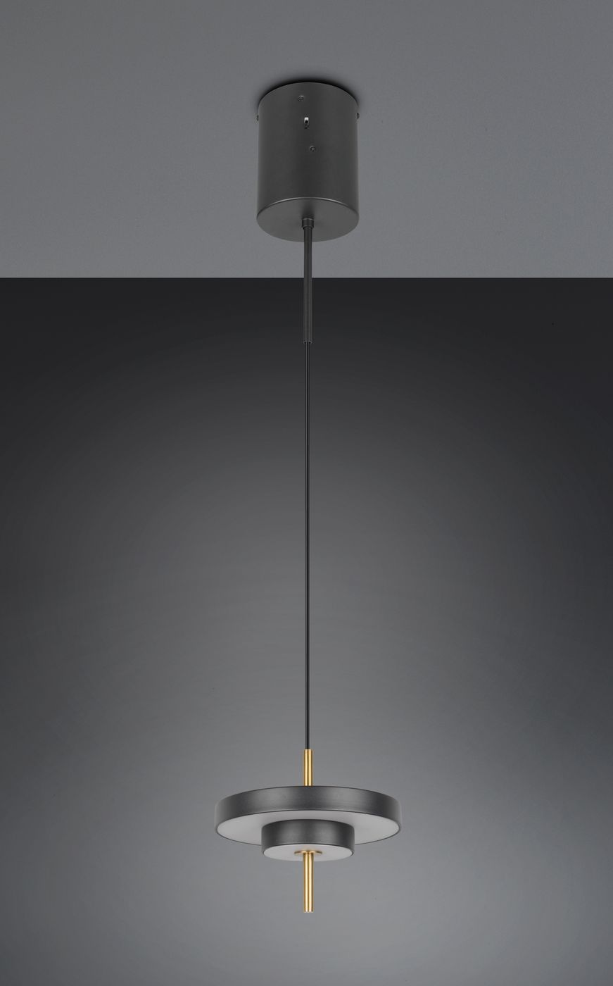Lampa wisząca Keaton 1xLED 10W w kolorze czarnym i złotym. Okrągła, z centralnym złotym elementem, zwisająca na cienkim przewodzie. Prosty, nowoczesny design, idealna do aranżacji wnętrz. Montaż sufitowy.