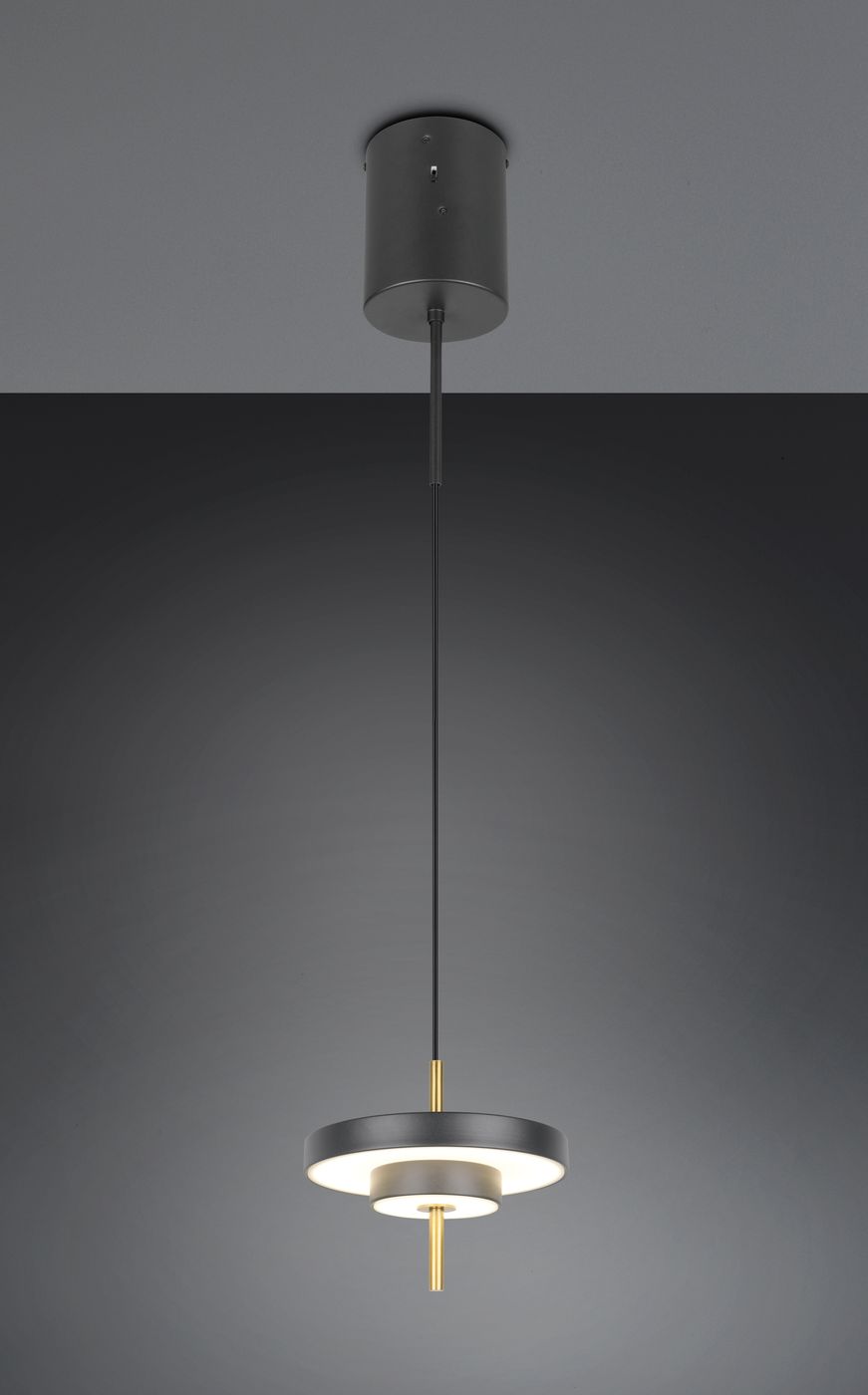 Lampa wisząca Keaton 1xLED 10W CCT w kolorze czarnym z elementami złotymi. Okrągły klosz z matowego metalu zawieszony na cienkim kablu, z centralnym źródłem światła. Montaż sufitowy, minimalistyczny design, idealna do nowoczesnych wnętrz.
