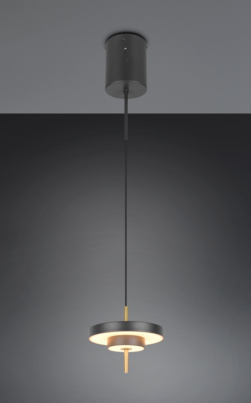 Lampa wisząca Keaton, z jedną diodą LED 10W, w kolorze czarnym z złotymi akcentami. Okrągła konstrukcja z matowym wykończeniem, zwieszona na cienkim przewodzie. Idealna do nowoczesnych wnętrz, umieszczona na jednolitym tle.