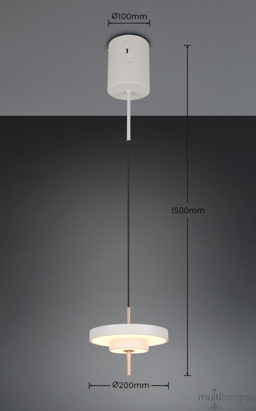Lampa wisząca Keaton w kolorze szarym, z jedną diodą LED 10W. Posiada okrągły klosz o średnicy 20 cm, zawieszona na czarnym przewodzie o długości 150 cm. Montaż sufitowy z białym wykończeniem o średnicy 10 cm.