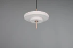 Lampa wisząca Keaton w kolorze szarym, z okrągłymi, warstwowymi elementami oraz metalowym, miedzianym detalem w centralnej części. Produkt zawiera jedno źródło światła LED 10W, zawieszony na czarnym przewodzie, na jednolitym tle.