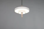 Lampa wisząca Keaton w kolorze szarym, z jednym źródłem światła LED 10W. Okrągła, z białym kloszem i miedzianym detalem. Zawieszona na czarnym przewodzie, w centralnym punkcie pomieszczenia, na jednolitym tle.