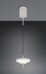 Lampa wisząca Keaton w kolorze szarym z jednym źródłem LED 10W. Okrągła, zawieszona na cienkim czarnym przewodzie, z centralnym białym kloszem i metalowym detalem w kolorze miedzi. Ujęcie frontalne, na jednolitym tle.