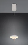 Lampa wisząca Keaton w kolorze szarym, z jednym źródłem LED 10W. Okrągła, z podwójnym pierścieniem, zawieszona na cienkim czarnym przewodzie. Widoczny metalowy element w kolorze miedzi. Ujęcie frontalne na tle szarej ściany.