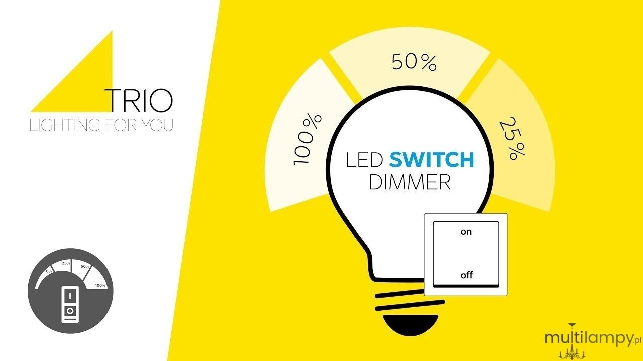 Lampa wisząca Keaton w kolorze szarym z jedną żarówką LED 10W. Produkt widoczny z przodu, zawieszony. Posiada funkcję ściemniania, z oznaczeniem poziomów jasności 25%, 50%, 100%. Tło w intensywnym żółtym kolorze, z logo TRIO LIGHTING FOR YOU.