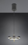 Lampa wisząca Keaton z jedną diodą LED o mocy 34,5W, w kolorze czarnym z złotymi akcentami. Posiada dwa okrągłe pierścienie i metalowy uchwyt sufitowy. Zawieszona na cienkim kablu, idealna do nowoczesnych wnętrz.