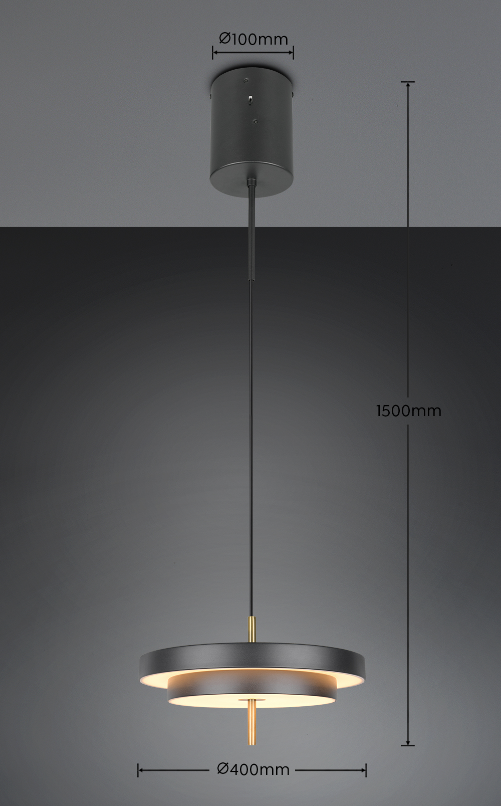 Lampa wisząca Keaton z pojedynczym źródłem LED, 34,5W, w kolorze czarnym z złotymi detalami. Okrągła konstrukcja o średnicy 400 mm, zawieszona na czarnym przewodzie, z mocowaniem sufitowym o średnicy 100 mm. Wysokość całkowita 1500 mm.
