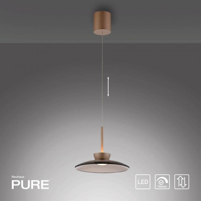 Lampa wisząca Pure Moon 2xLED 16W w brązowym kolorze z metalowym kloszem o okrągłym kształcie. Zawieszona na cienkim przewodzie, z centralnym elementem w formie rurki. Prosta, nowoczesna forma, idealna do różnych wnętrz.