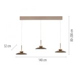 Lampa wisząca Pure Moon z 6 diodami LED, długość 140 cm, wysokość regulowana 80-200 cm, szerokość 32 cm. Trzy klosze w odcieniu brązu z drewnianymi detalami, zawieszone na metalowej listwie.