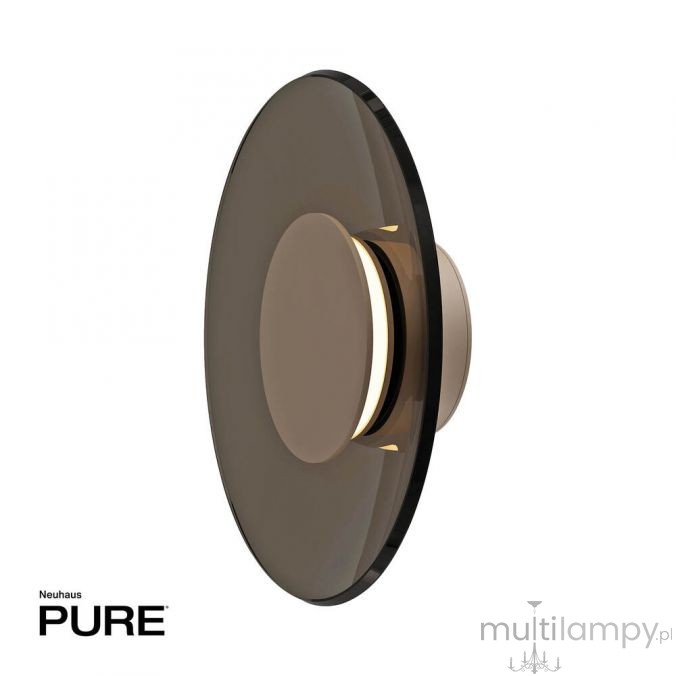 Kinkiet Pure Moon 2xLED 14W w kolorze brązowym. Okrągła, gładka oprawa ze szkła w ciemnym odcieniu, z centralnym, okrągłym elementem w jasnym kolorze. Montowany na ścianie, widoczny delikatny blask LED. Tło białe.