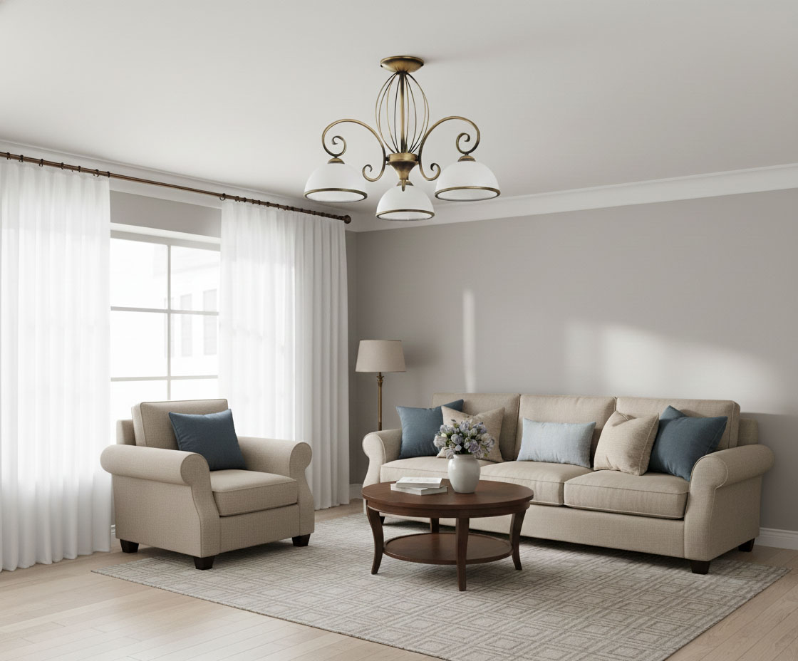 Żyrandol 3-punktowy Indra O2493 W3 PAT w kolorze mosiężnym, z białymi kloszami, zawieszony w centralnej części pomieszczenia. W tle widoczna jasna kanapa z poduszkami, fotel oraz okno z białymi zasłonami.