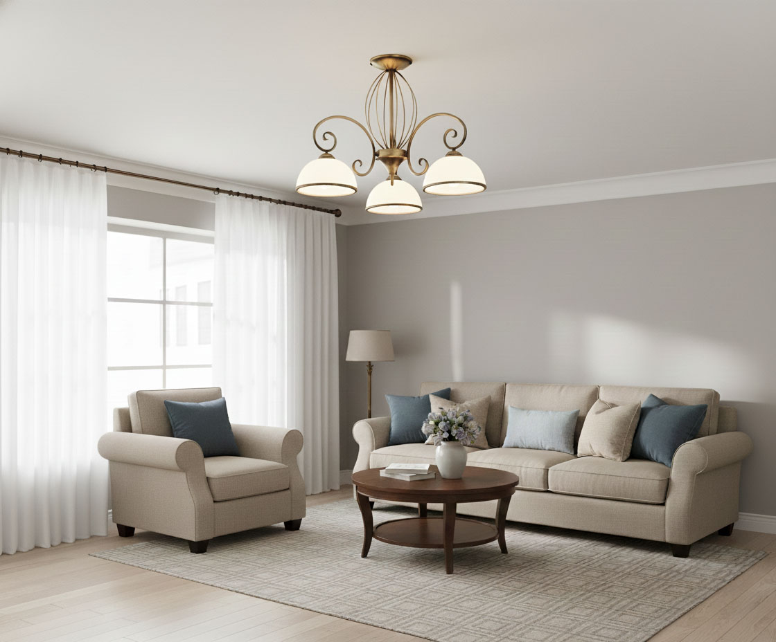 Żyrandol Indra 3-punktowy O2493 W3 PAT w kolorze patynowym z trzema okrągłymi kloszami zawieszony na eleganckim stelażu. Widoczny w aranżacji nowoczesnego salonu z kanapą, fotelem i oknem z zasłonami.