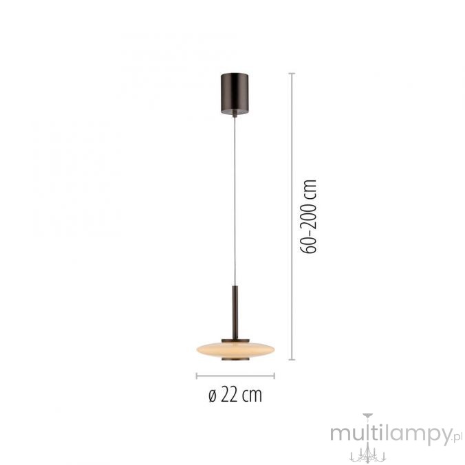Lampa wisząca Pure Vitrum 1xLED 13W w metalicznym brązie. Cylindryczna podsufitka i smukły przewód. Okrągły klosz o średnicy 22 cm, regulowana wysokość 60-200 cm. Prosty, nowoczesny design, idealna do wnętrz.