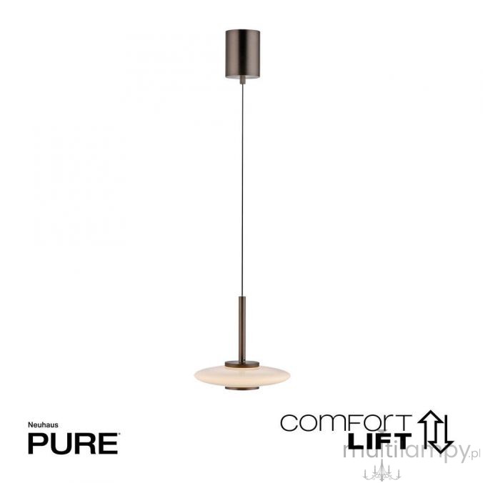 Lampa wisząca Pure Vitrum 1xLED 13W w metalicznym brązie z okrągłym kloszem. Długa, cienka linka łączy klosz z sufitowym mocowaniem. Prosty, nowoczesny design, idealna do wnętrz. Widoczne logo Pure i oznaczenie Comfort Lift.