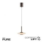 Lampa wisząca Pure Vitrum 1xLED 13W w metalicznym brązie z okrągłym kloszem. Długa, cienka linka łączy klosz z sufitowym mocowaniem. Prosty, nowoczesny design, idealna do wnętrz. Widoczne logo Pure i oznaczenie Comfort Lift.