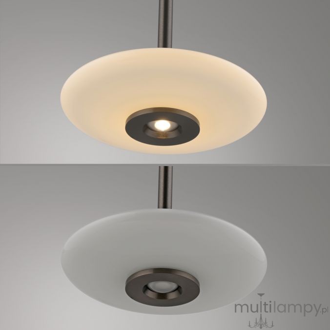 Lampa wisząca Pure Vitrum 1xLED 13W w metalicznym brązie, z kloszem w dwóch odcieniach: górna część w ciepłym odcieniu białym, dolna w zimnym. Klosz okrągły, zamontowany na cienkim, prostym przewodzie. Widoczny centralny punkt świetlny.