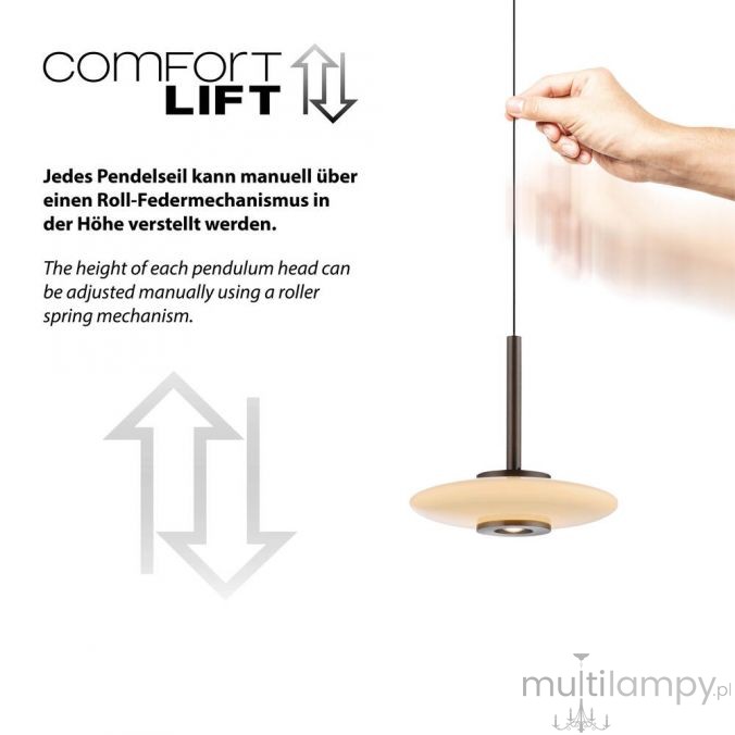 Lampa wisząca Pure Vitrum 1xLED 13W w metalicznym brązie. Posiada regulowaną wysokość dzięki mechanizmowi sprężynowemu. Klasyczny, okrągły klosz o jasnym odcieniu, zawieszony na cienkim, metalowym przewodzie.