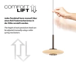 Lampa wisząca Pure Vitrum 1xLED 13W w metalicznym brązie. Posiada regulowaną wysokość dzięki mechanizmowi sprężynowemu. Klasyczny, okrągły klosz o jasnym odcieniu, zawieszony na cienkim, metalowym przewodzie.