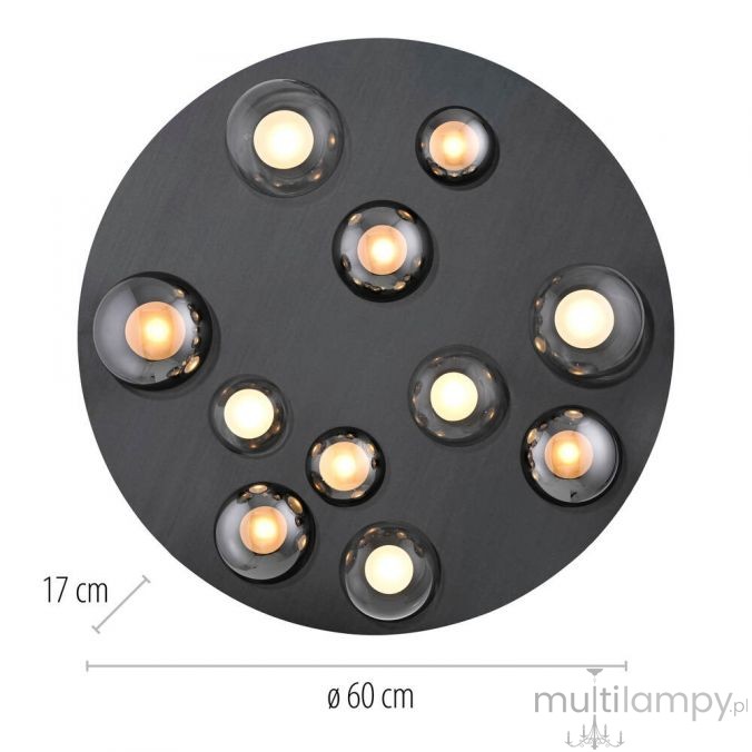 Lampa sufitowa Pure Popup z pilotem, grafitowa, z 11 diodami LED. Okrągła, średnica 60 cm, wysokość 17 cm. Elementy świetlne w różnych odcieniach, umieszczone w przezroczystych kloszach. Idealna do nowoczesnych wnętrz.