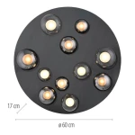 Lampa sufitowa Pure Popup z pilotem, grafitowa, z 11 diodami LED. Okrągła, średnica 60 cm, wysokość 17 cm. Elementy świetlne w różnych odcieniach, umieszczone w przezroczystych kloszach. Idealna do nowoczesnych wnętrz.