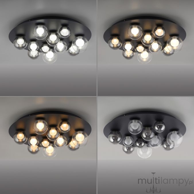 Lampa sufitowa Pure Popup w kolorze grafitowym z 11 żarówkami LED o mocy 33W. Okrągła, wisząca konstrukcja z różnymi odcieniami światła, z pilotem do zdalnego sterowania. Ujęcie z góry, na jednolitym tle.