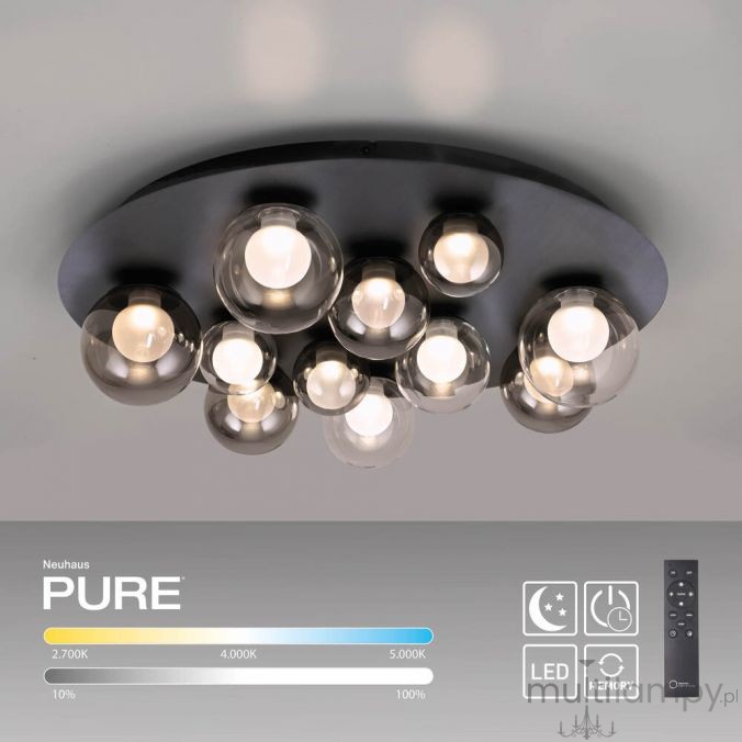 Lampa sufitowa Pure Popup w kolorze grafitowym z 11 żarówkami LED o mocy 33W. Owalna konstrukcja z przezroczystymi kloszami. Zdalne sterowanie pilotem, możliwość zmiany temperatury barwowej światła (2700K, 4000K, 5000K).