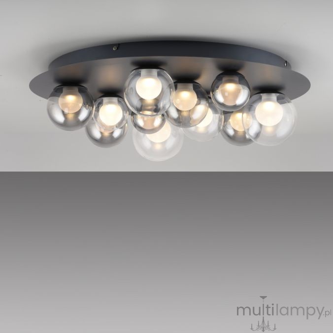 Grafitowa lampa sufitowa Pure Popup z pilotem, o średnicy 11xLED, z 10 szklanymi kloszami, zamontowana w sposób płaski. Klosze mają okrągły kształt, w kolorze przezroczystym, emitującym ciepłe światło. Prosta konstrukcja na jednolitym tle.