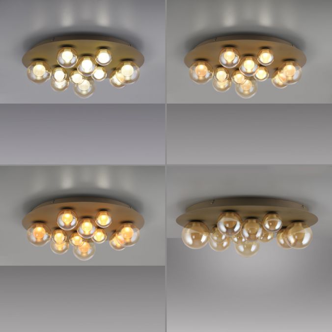 Lampa sufitowa Pure Popup w kolorze złotym, o okrągłym kształcie, z 11 żarówkami LED o mocy 33W. Widoczna w różnych ustawieniach oświetlenia. Ujęcie z góry, na jednolitym tle, podkreślające elegancki design i przezroczyste klosze.