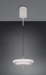 Lampa wisząca Keaton z jedną żarówką LED 34,5W w kolorze szarym. Produkt ma dwa okrągłe klosze w białym matowym wykończeniu, zawieszone na czarnym przewodzie. Metalowy element w kolorze miedzi łączy klosze z sufitem. Ujęcie z dołu.