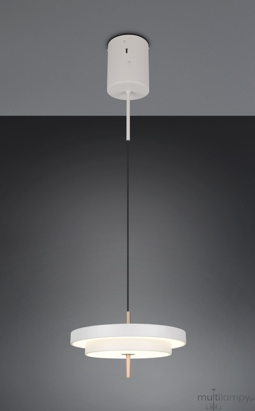 Lampa wisząca Keaton w kolorze szarym, z jednym źródłem światła LED 34,5W. Ma dwa okrągłe klosze w kolorze białym, zawieszone na cienkim, czarnym przewodzie. Montaż sufitowy w formie cylindrycznej podstawy.