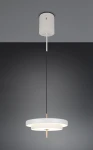 Lampa wisząca Keaton w kolorze szarym, z jednym źródłem światła LED 34,5W. Ma dwa okrągłe klosze w kolorze białym, zawieszone na cienkim, czarnym przewodzie. Montaż sufitowy w formie cylindrycznej podstawy.