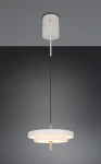 Lampa wisząca Keaton w kolorze szarym, z jedną diodą LED 34,5W. Okrągła, dwuwarstwowa konstrukcja z białym kloszem i miedzianym detalem. Zawieszona na cienkim, czarnym przewodzie. Ujęcie z dołu, na jednolitym tle.