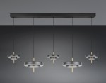 Lampa wisząca Keaton z pięcioma źródłami LED 50W CCT w kolorze czarnym i złotym. Wisi na cienkich linkach z prostokątną, czarną podstawą. Okrągłe klosze mają metaliczne wykończenie i złote detale, tworząc nowoczesny design.