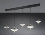 Lampa wisząca Keaton z pięcioma źródłami LED o mocy 50W, w kolorze czarnym i złotym. Składa się z okrągłych elementów zawieszonych na cienkich linkach, zamontowanych na prostokątnej podstawie. Elegancki design pasujący do nowoczesnych wnętrz.